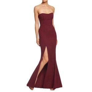 DressThePopulation Ellen Strapless Gown with Thigh Slit Burgundy